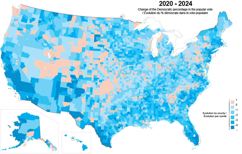 carte de l'evolution du pourcentage democrate entre 2020 et 2024