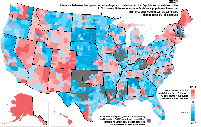 Map of the differences between Trump's percentage and that of Republican candidates for the US House