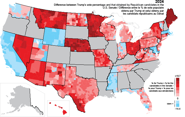 Map of the differences between Trump's percentage and that of Republican candidates for the US Senate