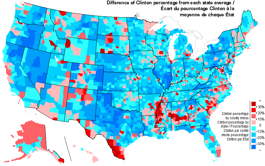 carte des ecarts du pourcentage Clinton a la moyenne par etat
